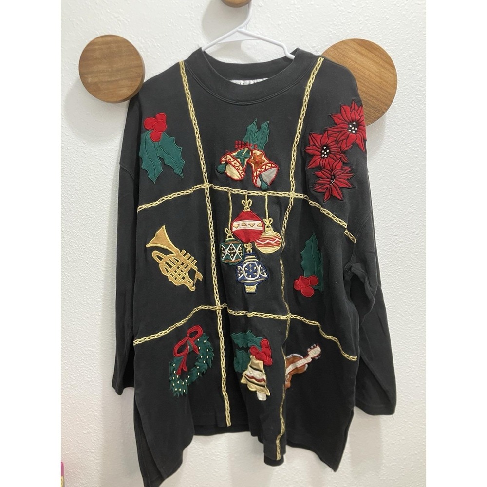 Vintage‎ CHRISTMAS Chaus Size Petite Large 90s Appliqué Sweatshirt  Black